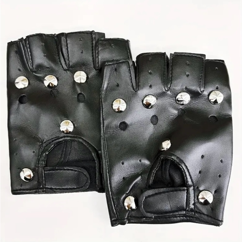 Black Gothic faux leather fingerless gloves with silver studs